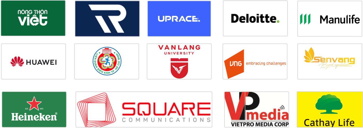 Logo đối tác: Nông Thôn Việt, TrueRace, UpRace, Deloitte, Manulife, Huawei, Đại học Văn Lang, Senvang, Heineken, Square, VPmedia, Cathay Life…